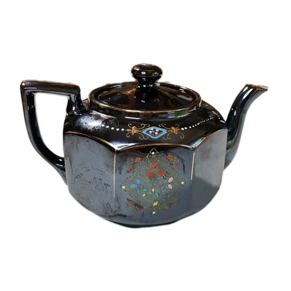 Vintage Japanese Teapot Brown Glazed Gold Trim Hand Painted 8 Sided Ceramic